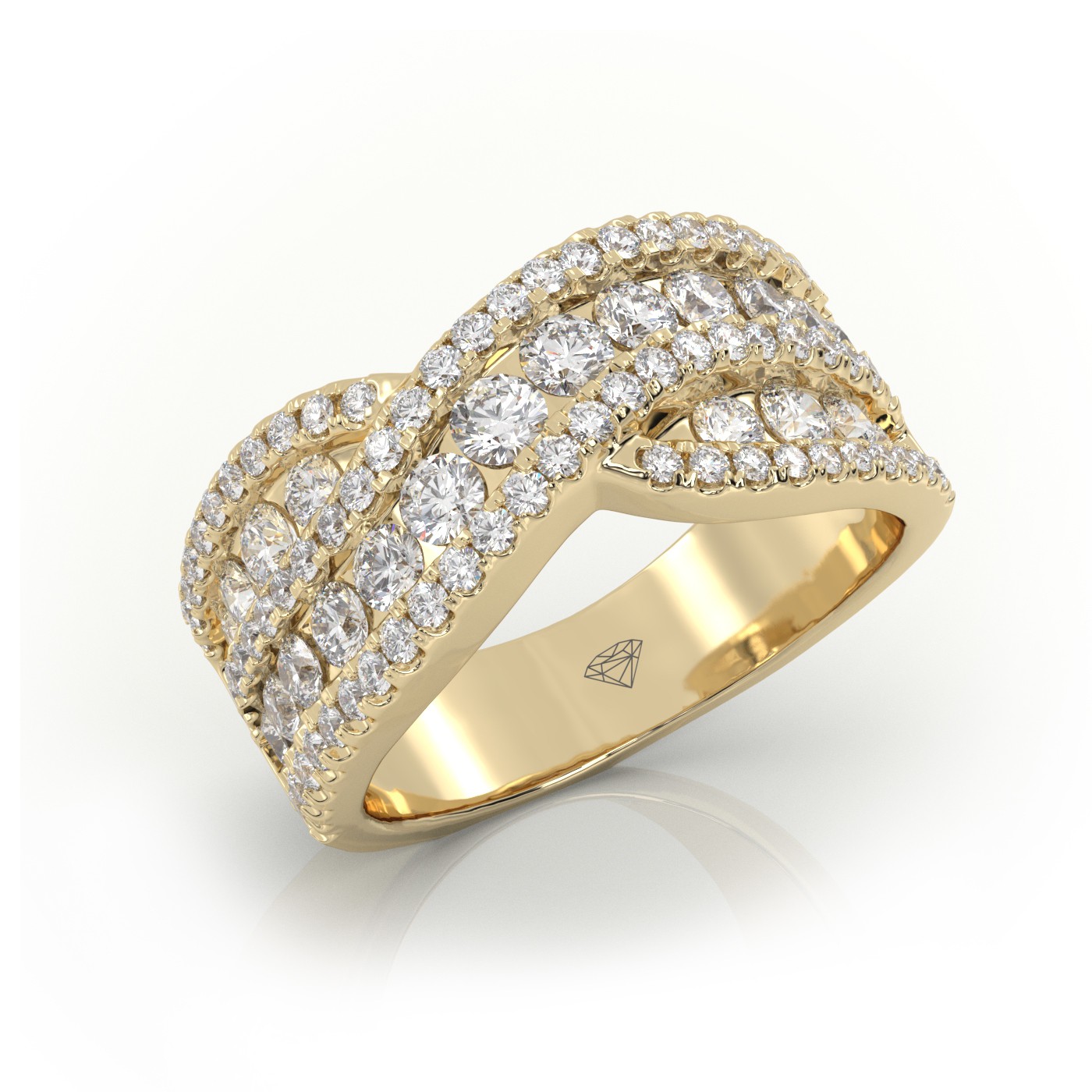 18k yellow gold  round cut scallop set cross designer diamond wedding band Photos & images