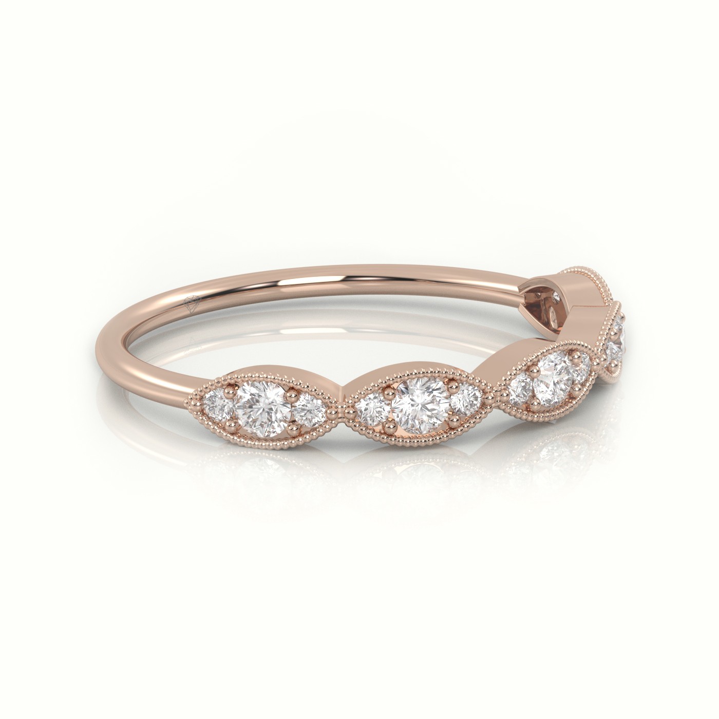 18k rose gold  round cut diamond infinity design milgrain setting ring Photos & images