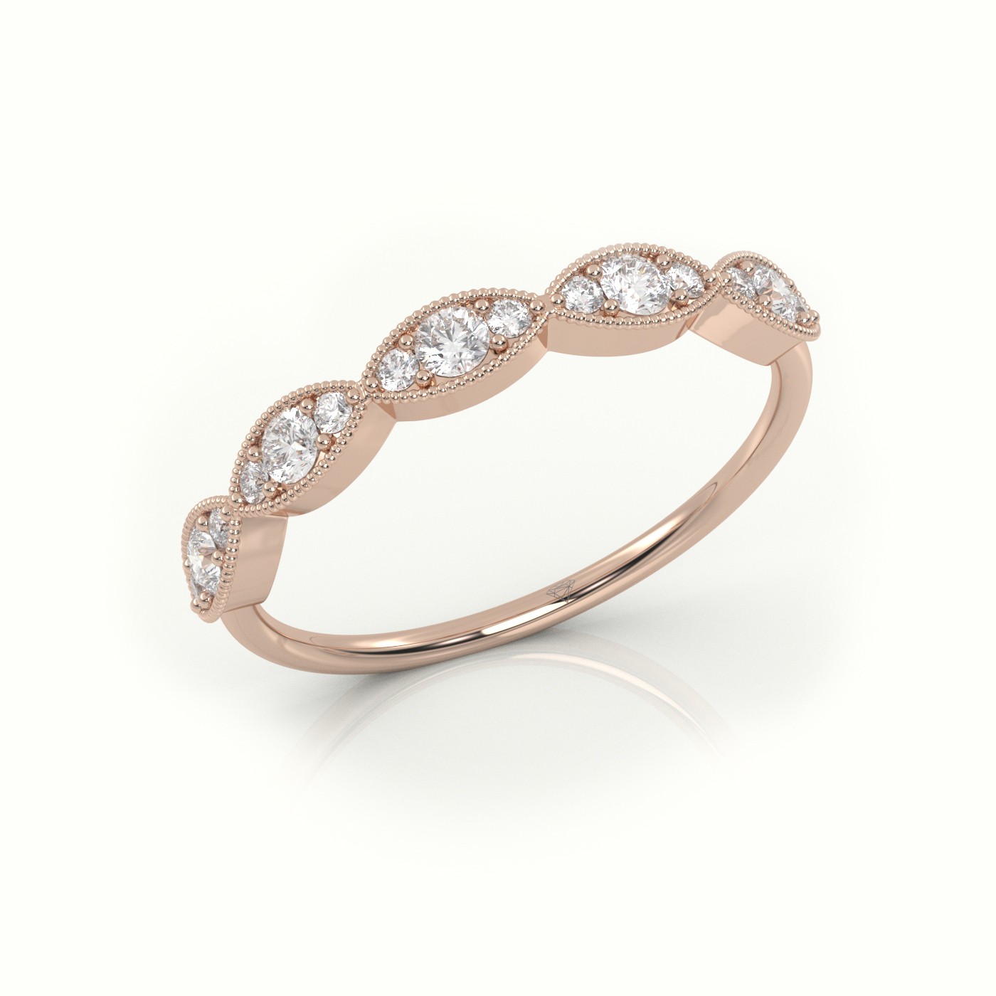 18k rose gold  round cut diamond infinity design milgrain setting ring Photos & images