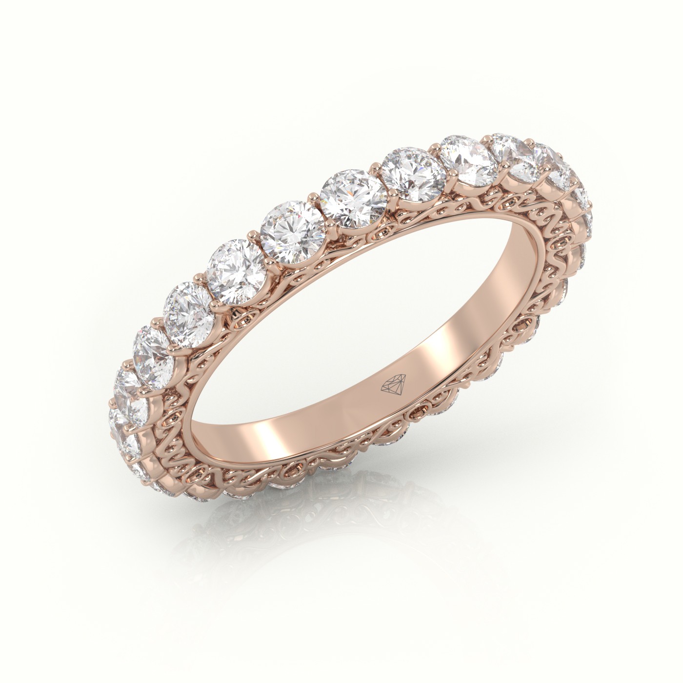 18k rose gold  round cut diamond low dome basket eternity wedding band Photos & images