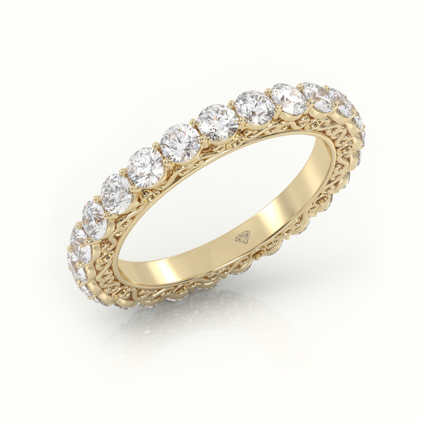 18k yellow gold  round cut diamond low dome basket eternity wedding band Photos & images