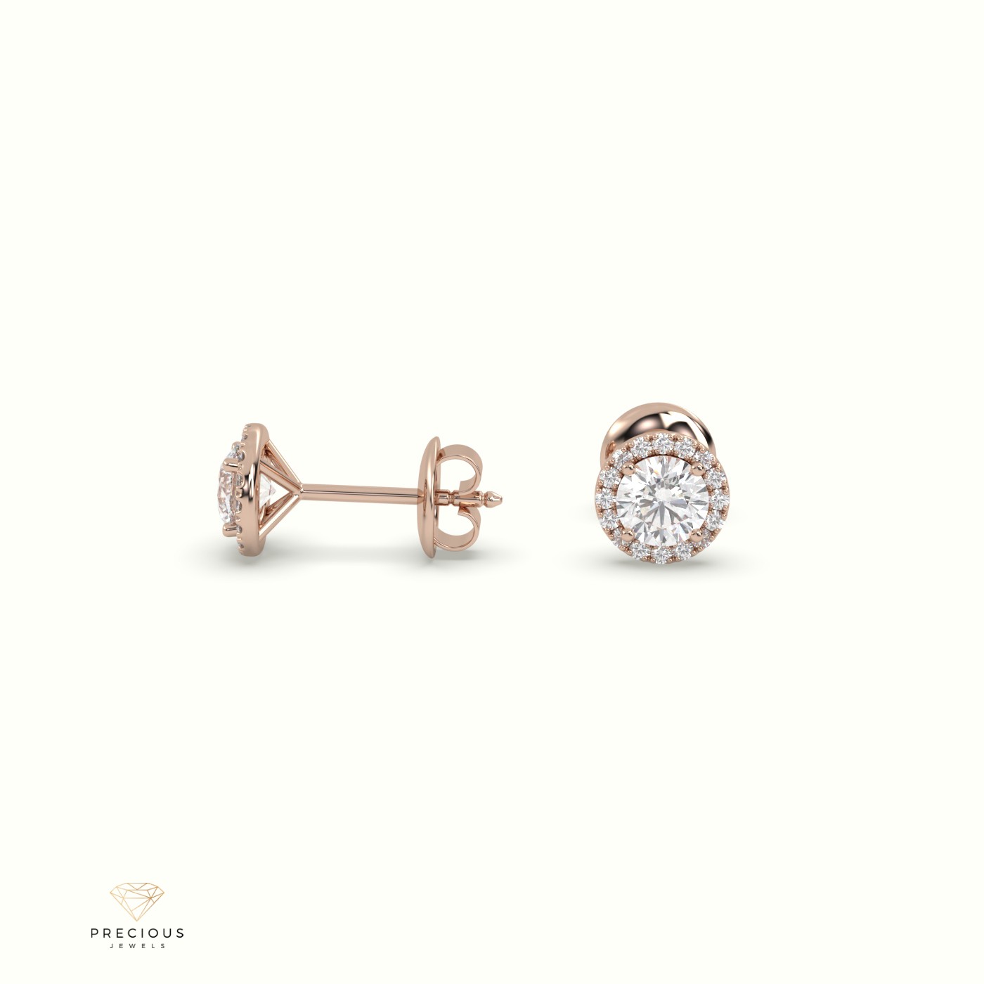 18k rose gold 4 prongs round halo earring Photos & images