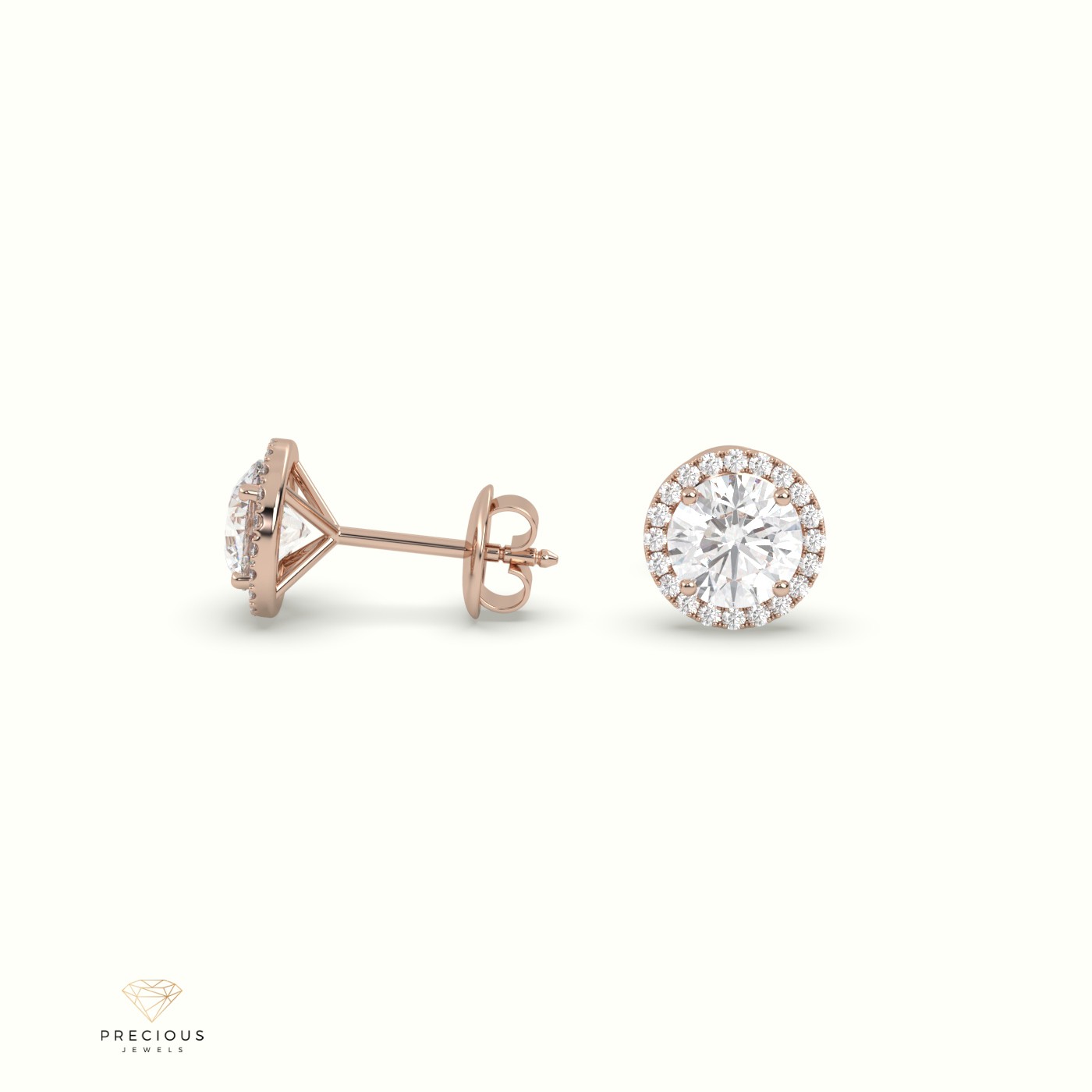 18k rose gold 4 prongs round halo earring Photos & images