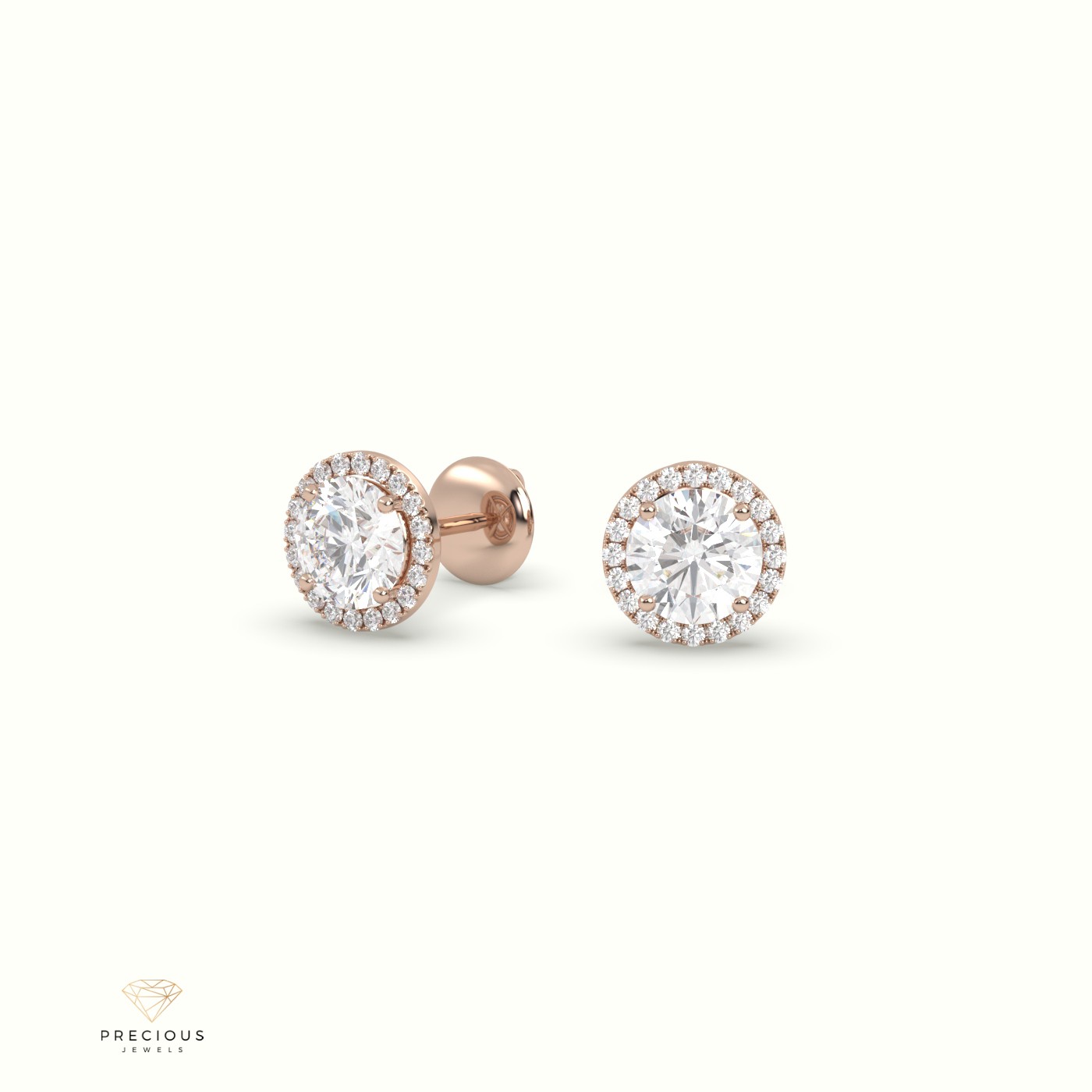 18k rose gold 4 prongs round halo earring