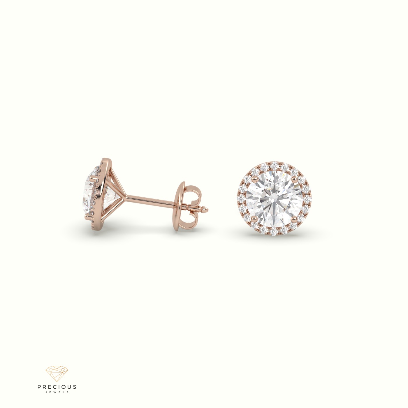 18k rose gold 4 prongs round halo earring Photos & images