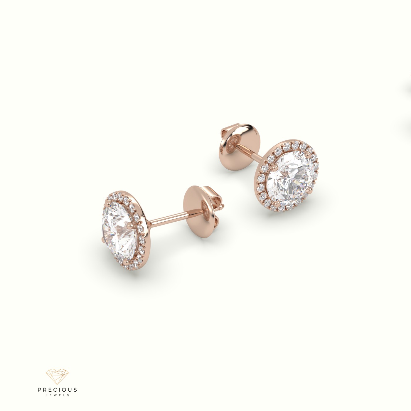 18k rose gold 4 prongs round halo earring Photos & images