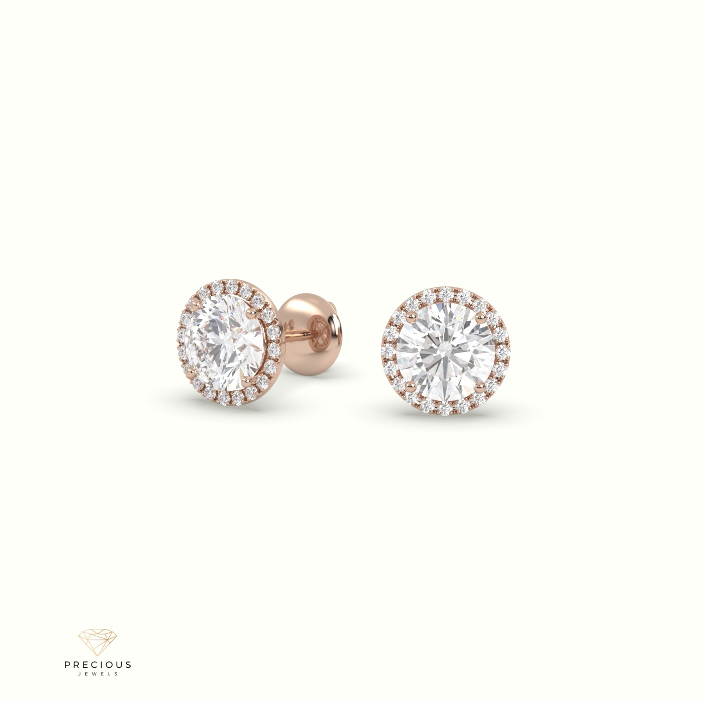 18k rose gold 4 prongs round halo earring