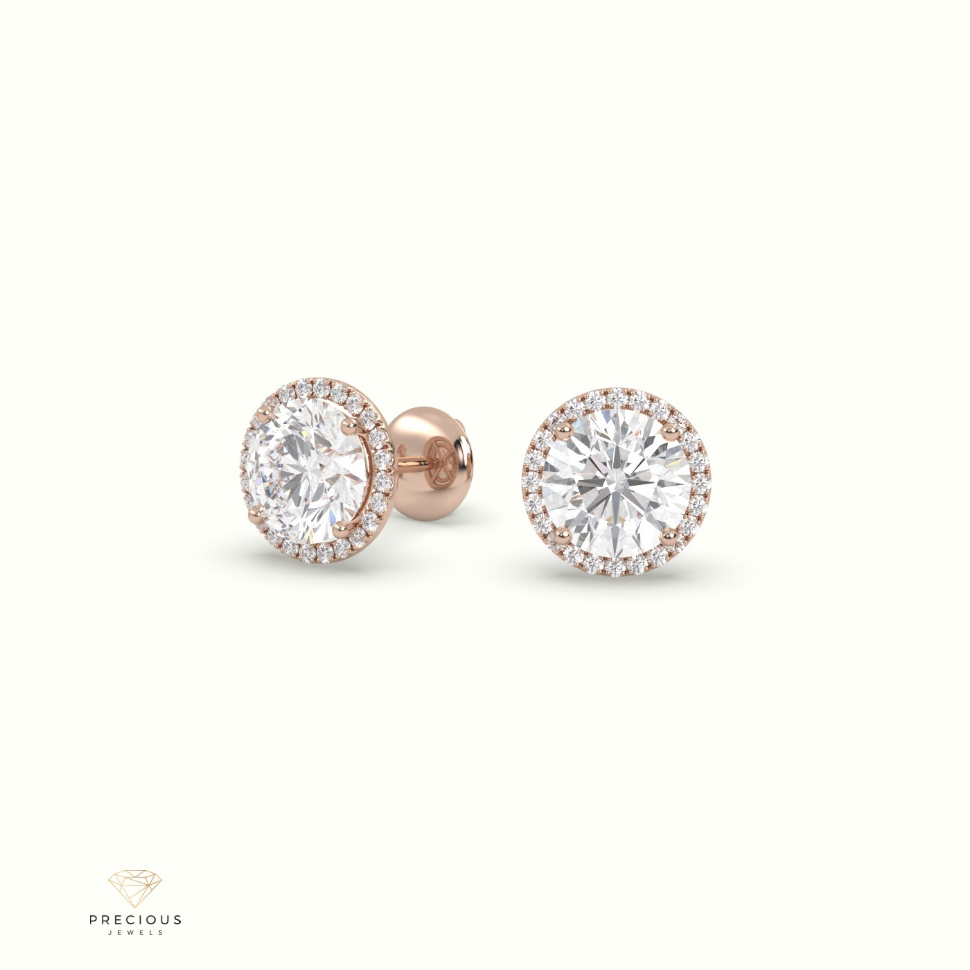 18k rose gold 4 prongs round halo earring