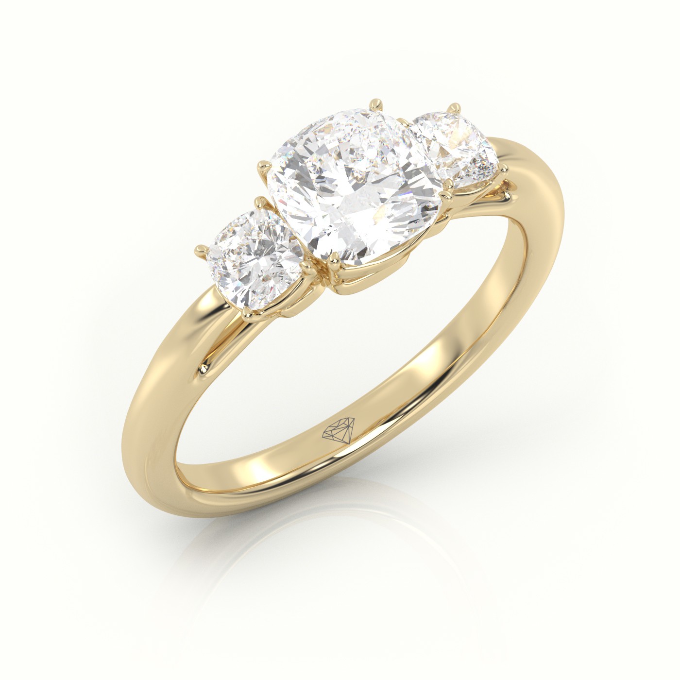 18K YELLOW GOLD CUSHION CUT DIAMOND 4 PRONGS SIDE STONE ENGAGEMENT RING