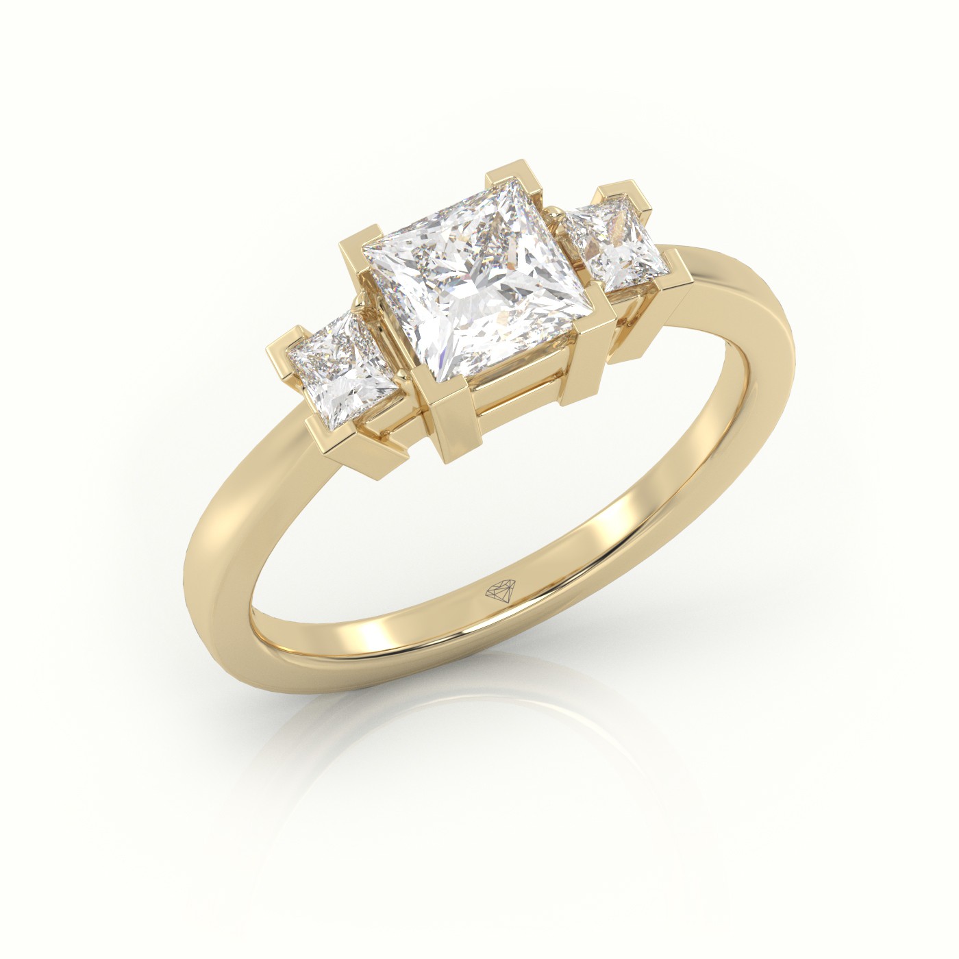 18K YELLOW GOLD PRINCESS CUT DIAMOND SIDE STONES ENGAGEMENT RING