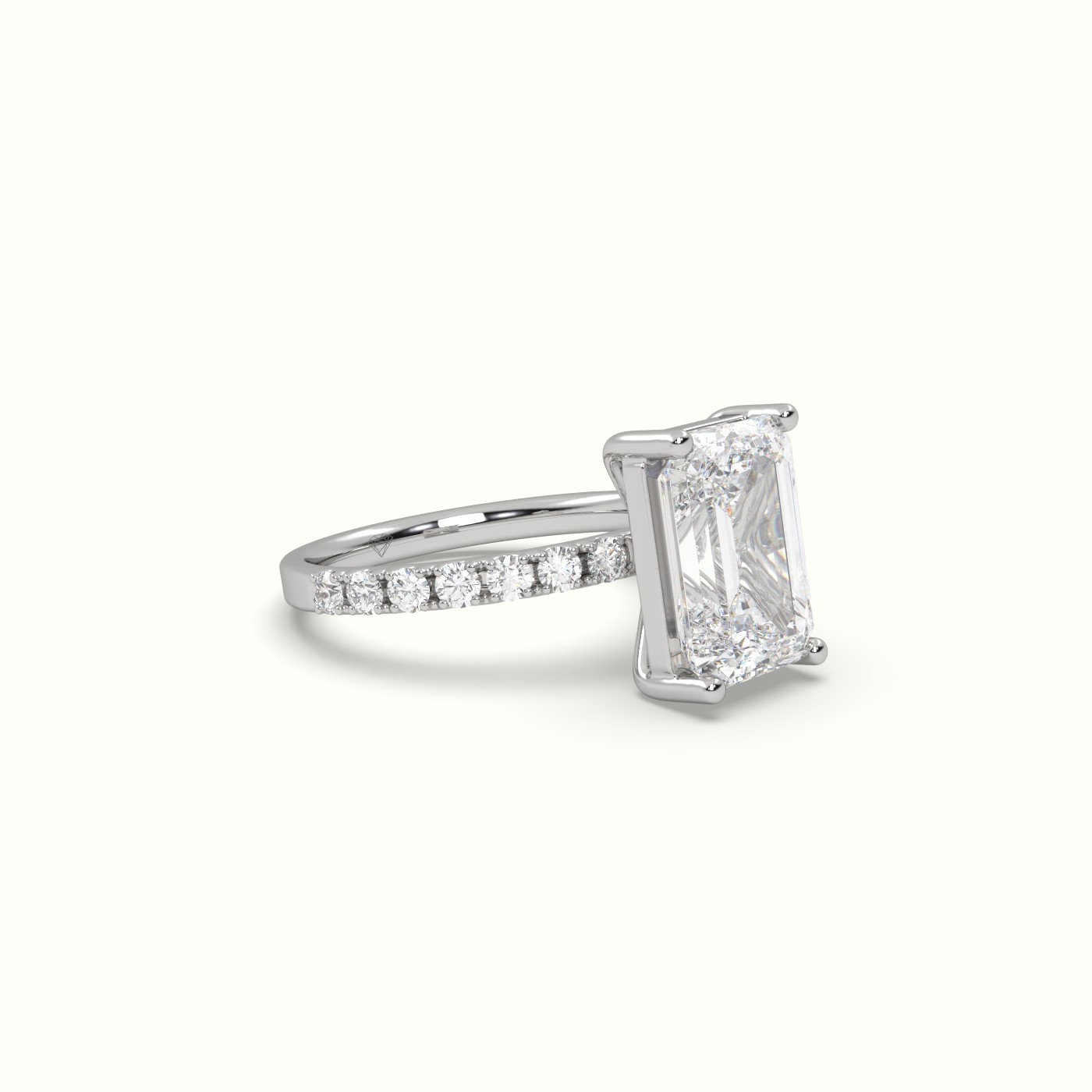 18K WHITE GOLD Emerald Cut Diamond Engagement Ring with Pave Band