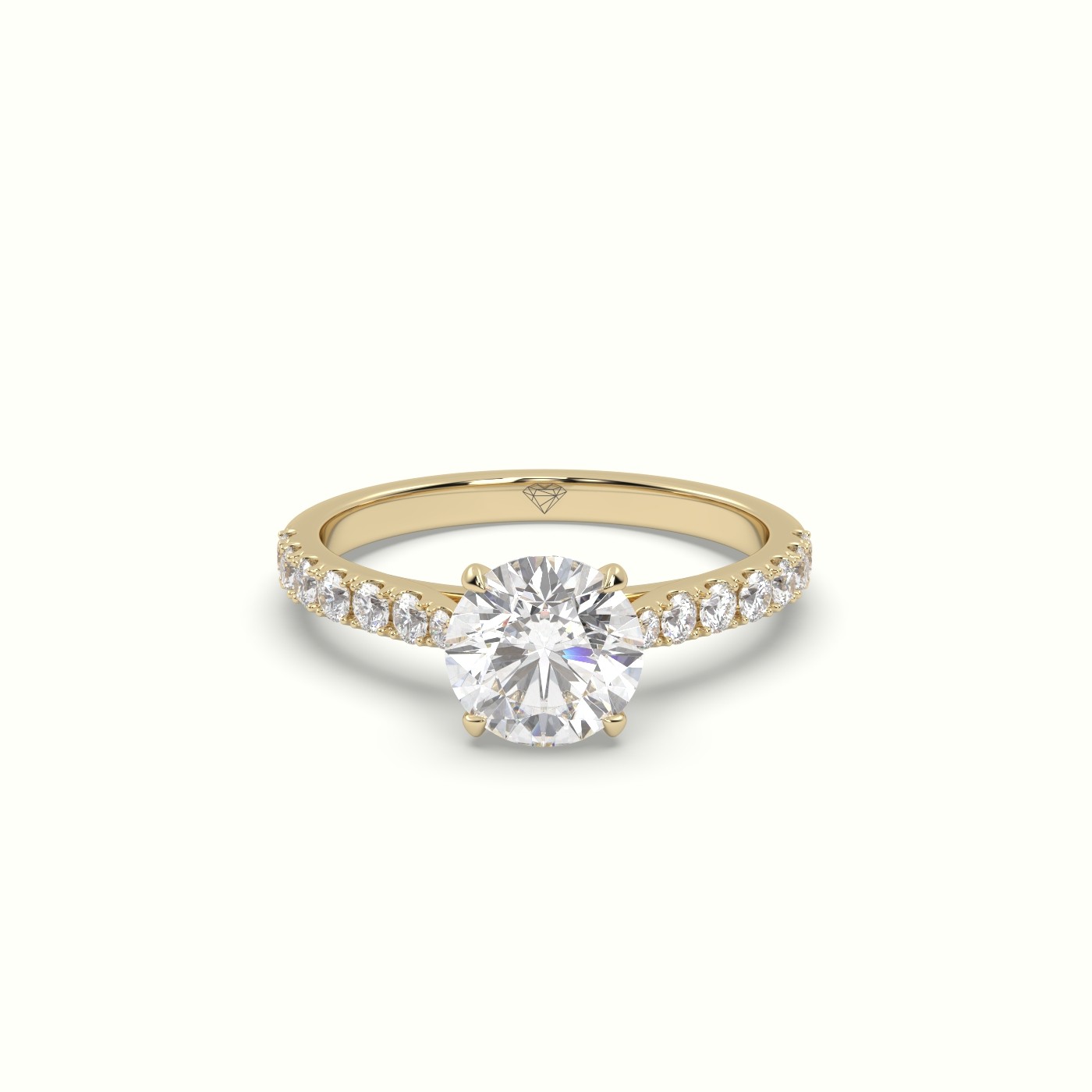 18K Yellow Gold Round Cut Diamond 4 round prongs Pave Band Ring