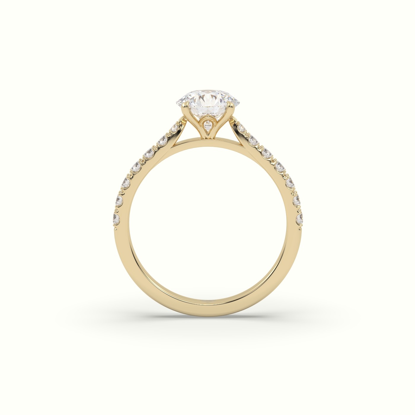 18K Yellow Gold Round Cut Diamond 4 round prongs Pave Band Ring