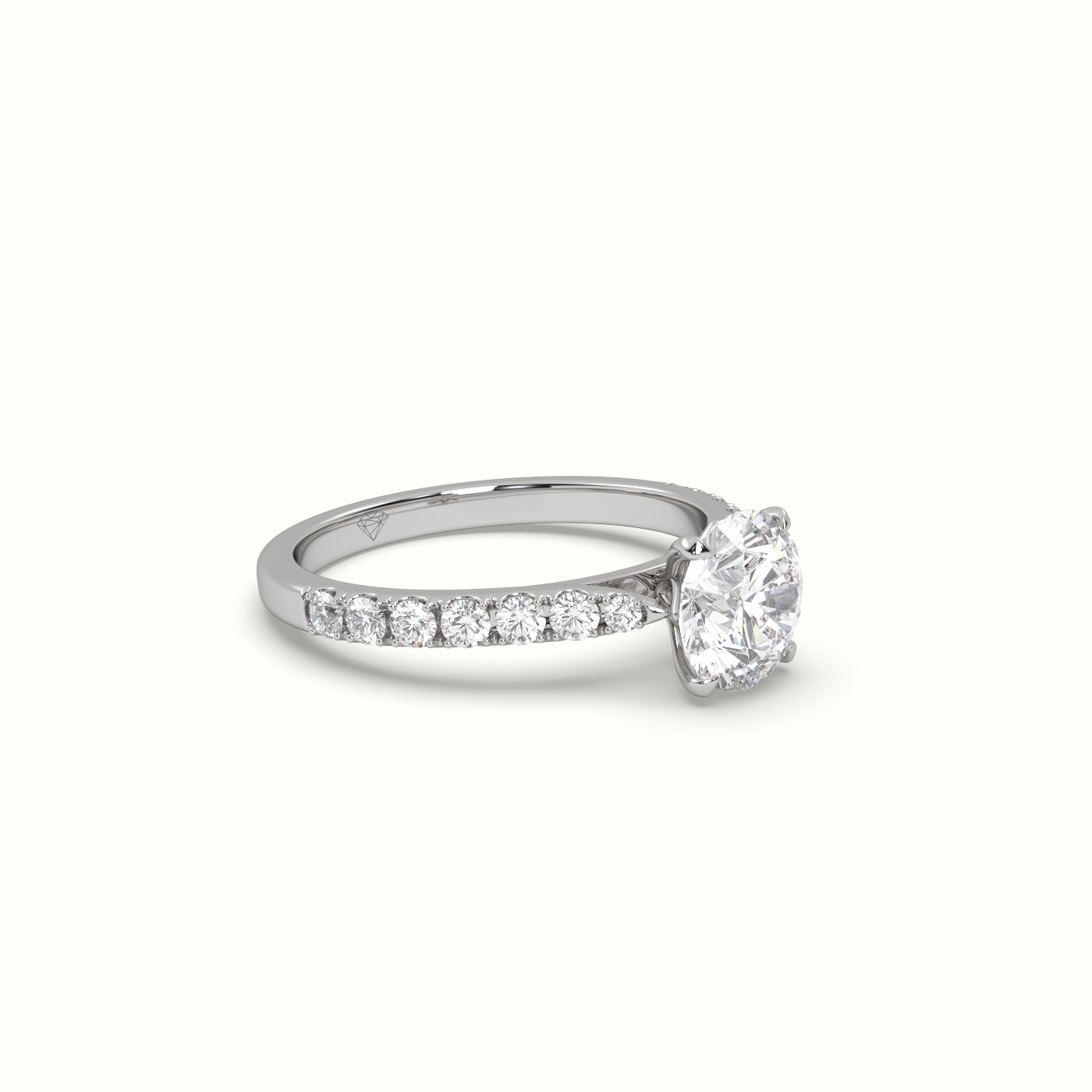 18K White Gold Round Cut Diamond 4 round prongs Pave Band Ring