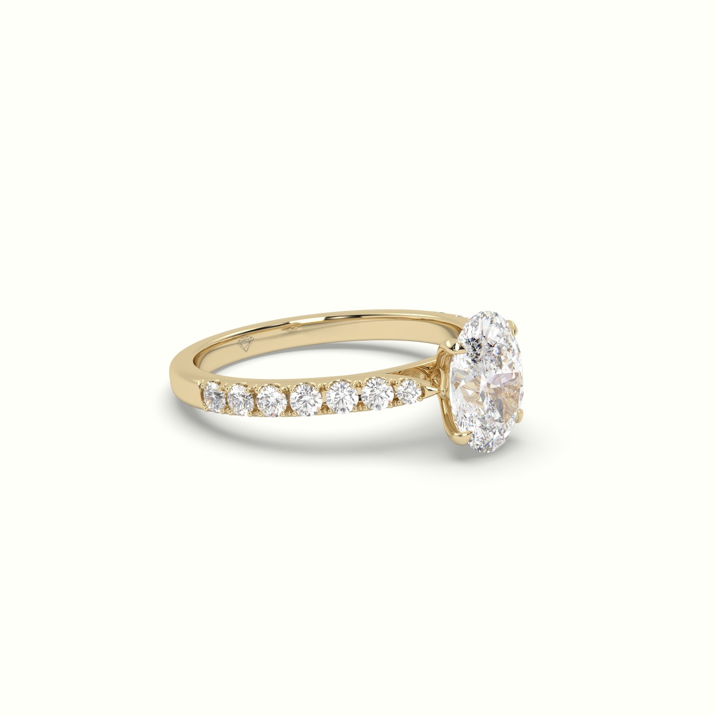 18K Yellow Gold Oval Diamond 4 round prongs Ring with Pave Setting