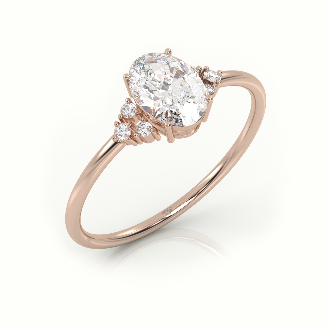 18K ROSE GOLD OVAL CUT DIAMOND 4 PRONGS SIDE STONE DESIGNER RING